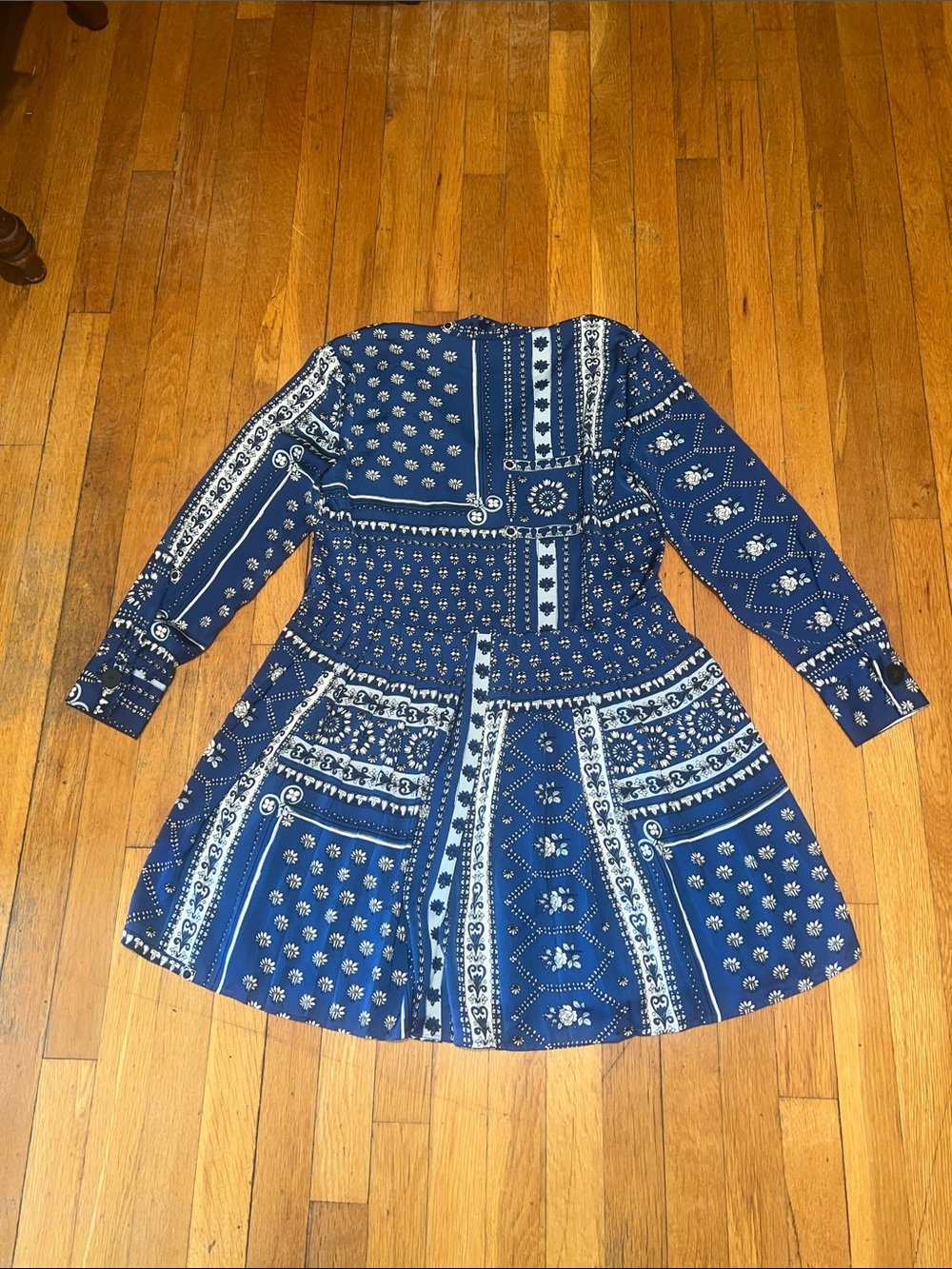 Zara Patchwork Pleated Long Sleeve Mini Dress in Bandana Blue, Women’s Small - Picture 15 of 16